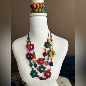 Colorful Boho Floral Necklace & Beaded Bracelet Set Wood Beads